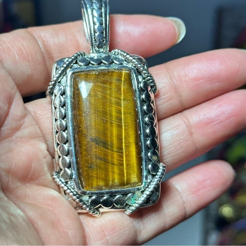 Silver Tone Pendant With Large Rectangular Tiger'… - image 1